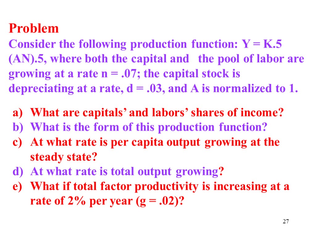 27 Problem Consider the following production function: Y = K.5 (AN).5, where both the